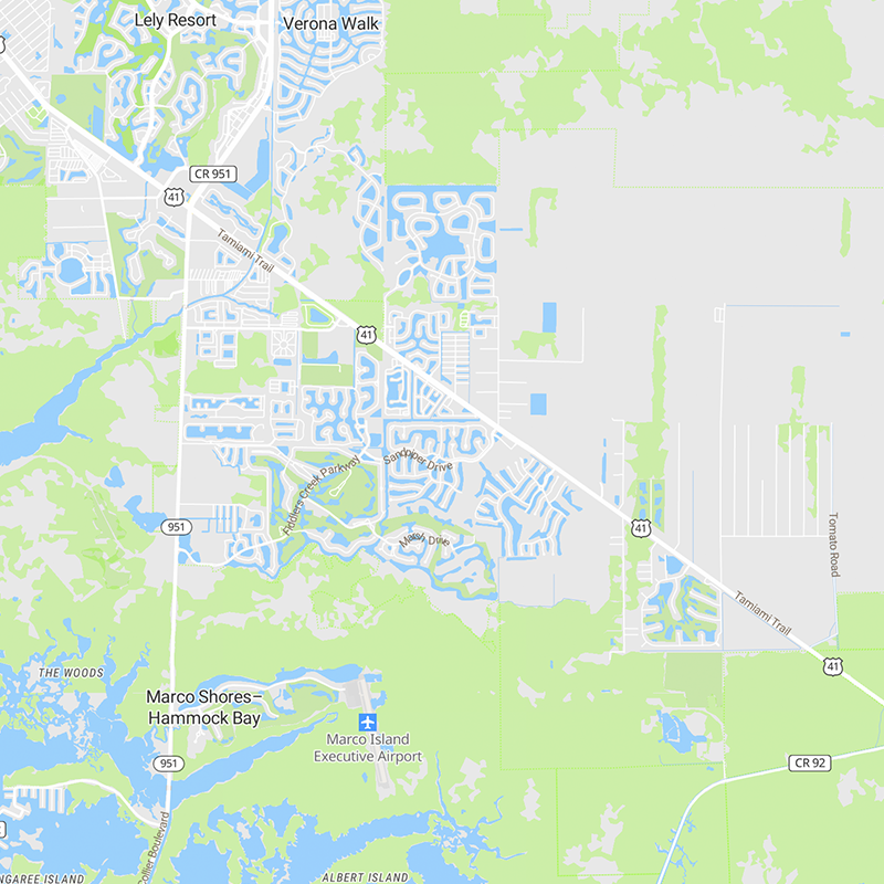 Map showing a suburban area with winding roads, many blue lakes, green spaces, and areas labeled Lely Resort, Verona Walk, and Marco Shores-Hammock Bay. Major roads CR 951, US 41, and CR 92 are visible.