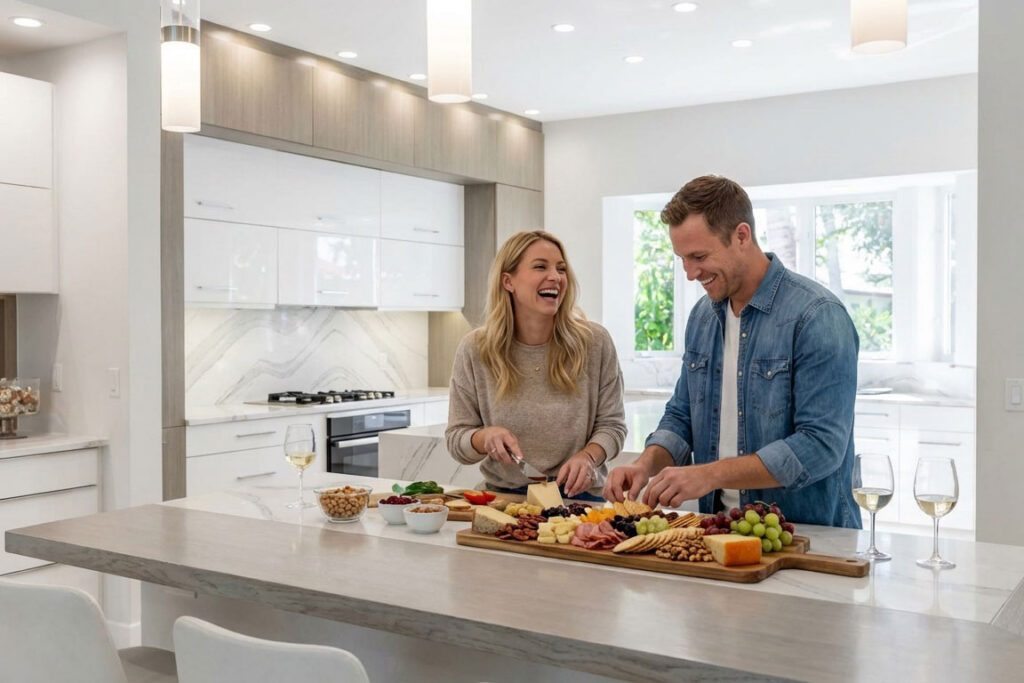 A smiling woman and man prepare a charcuterie board together in a modern, white kitchen. Two glasses of white wine sit on the counter beside food, including fruit, cheese, and crackers.