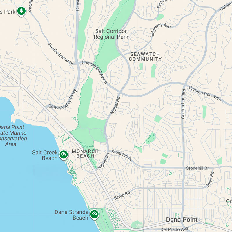 Map showing the coastal area of Dana Point, California, including Monarch Beach, Salt Creek Beach, Seawatch Community, Salt Corridor Regional Park, and surrounding roads and neighborhoods.