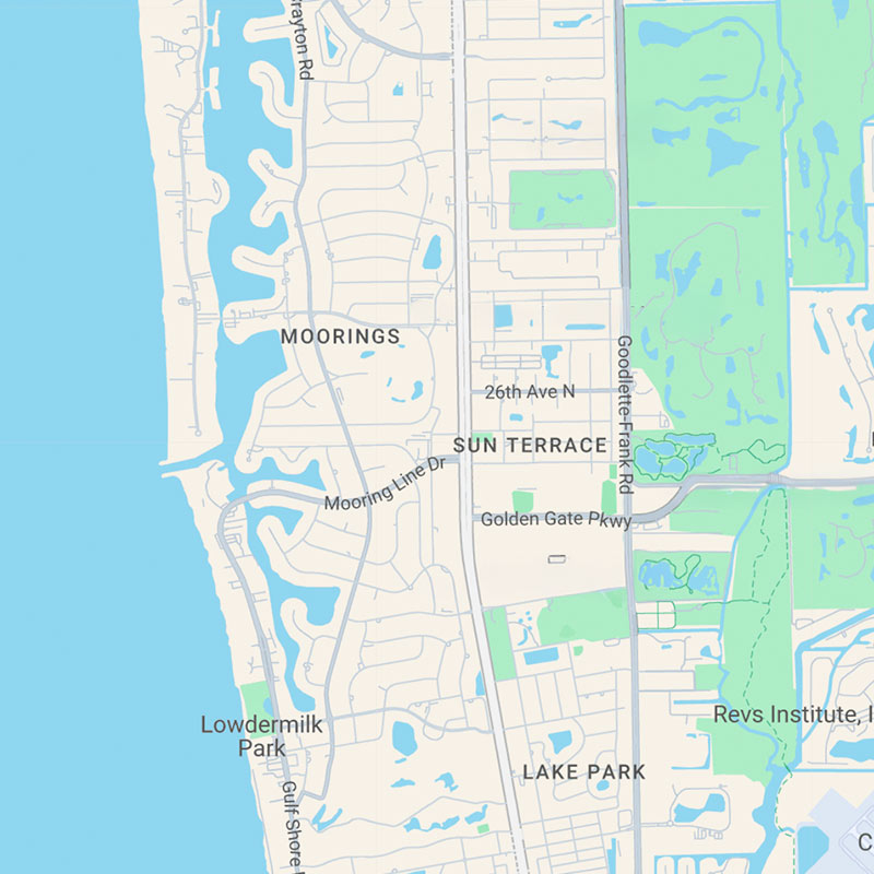Map showing the neighborhoods of Moorings, Sun Terrace, and Lake Park in a coastal area with several parks, roads, and bodies of water. Notable roads include Goodlette-Frank Rd and Golden Gate Pkwy.