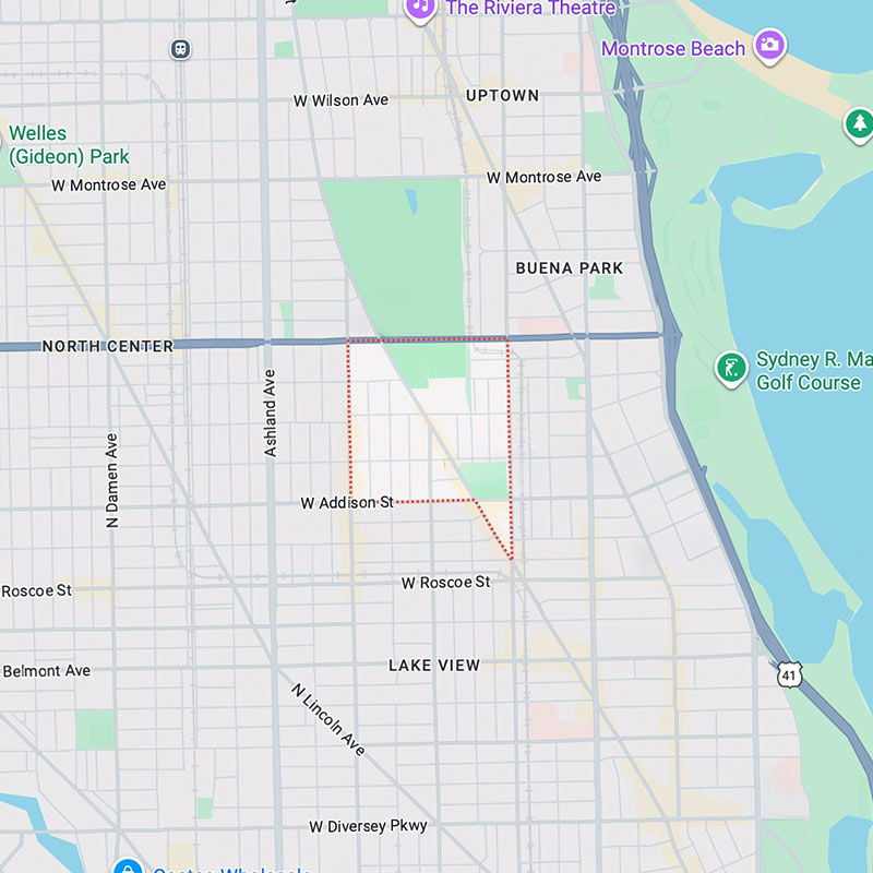 Map highlighting the Graceland West area in Chicago, bordered by streets including W Addison St, N Ashland Ave, and W Montrose Ave, with parks and Lake Michigan visible to the east.